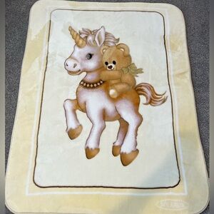 Vintage Solaron unicorn and bear yellow blanket